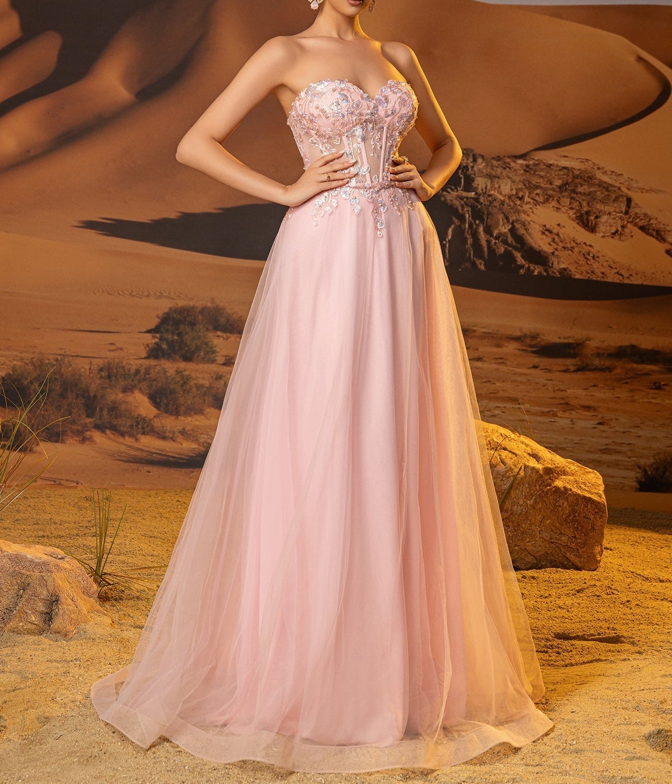 Sheer Bodice Lace Embroidery Long Prom Dress - Pink