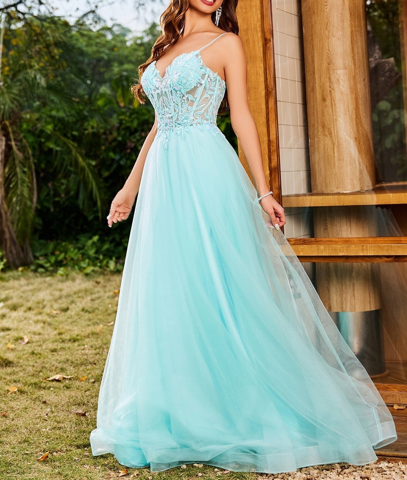 Luxury Beaded Sheer Bodice Ball Gown Prom Dress - Baby Blue
