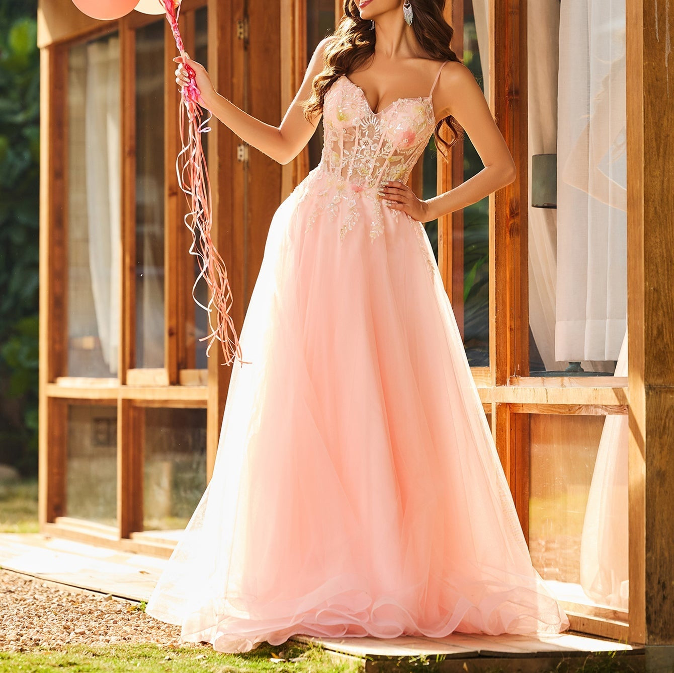 Beaded Lace Embroidery Boned Ball Gown Prom Dress - Pink