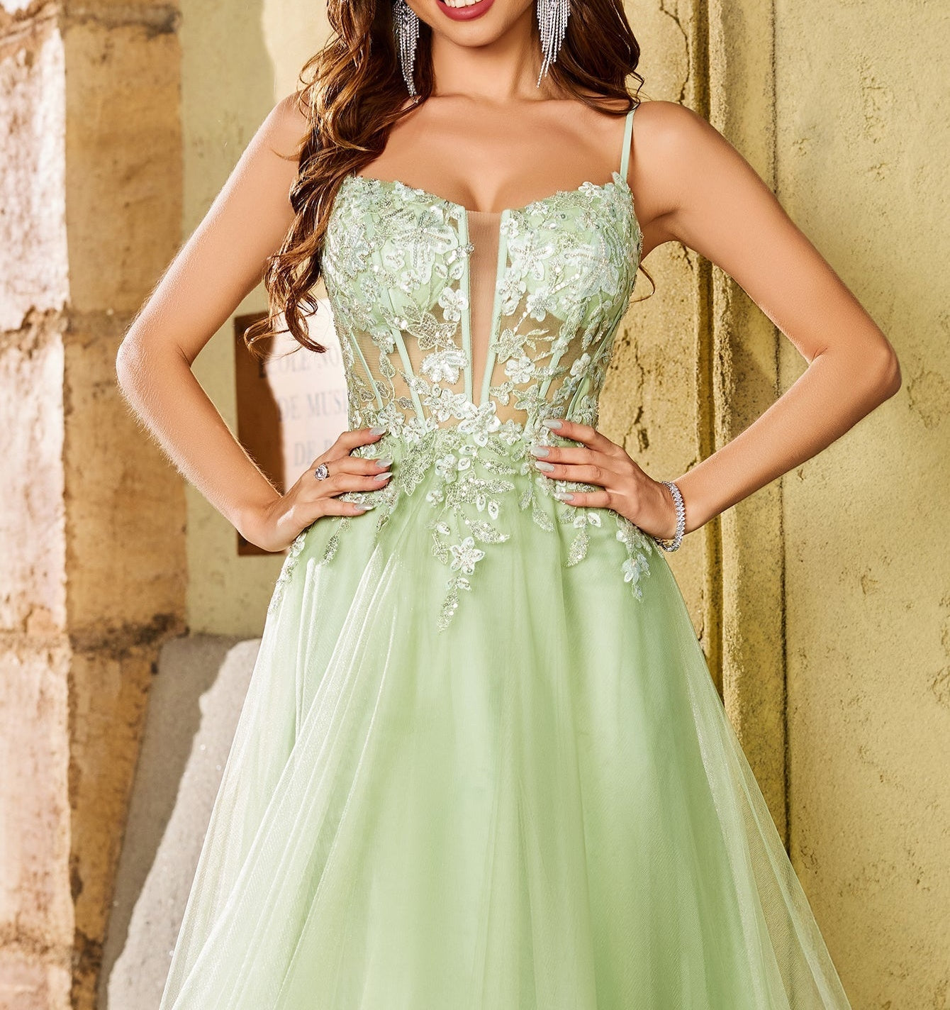 Sheer Bodice Lace Embroidery Prom Dress Long - Mint Green