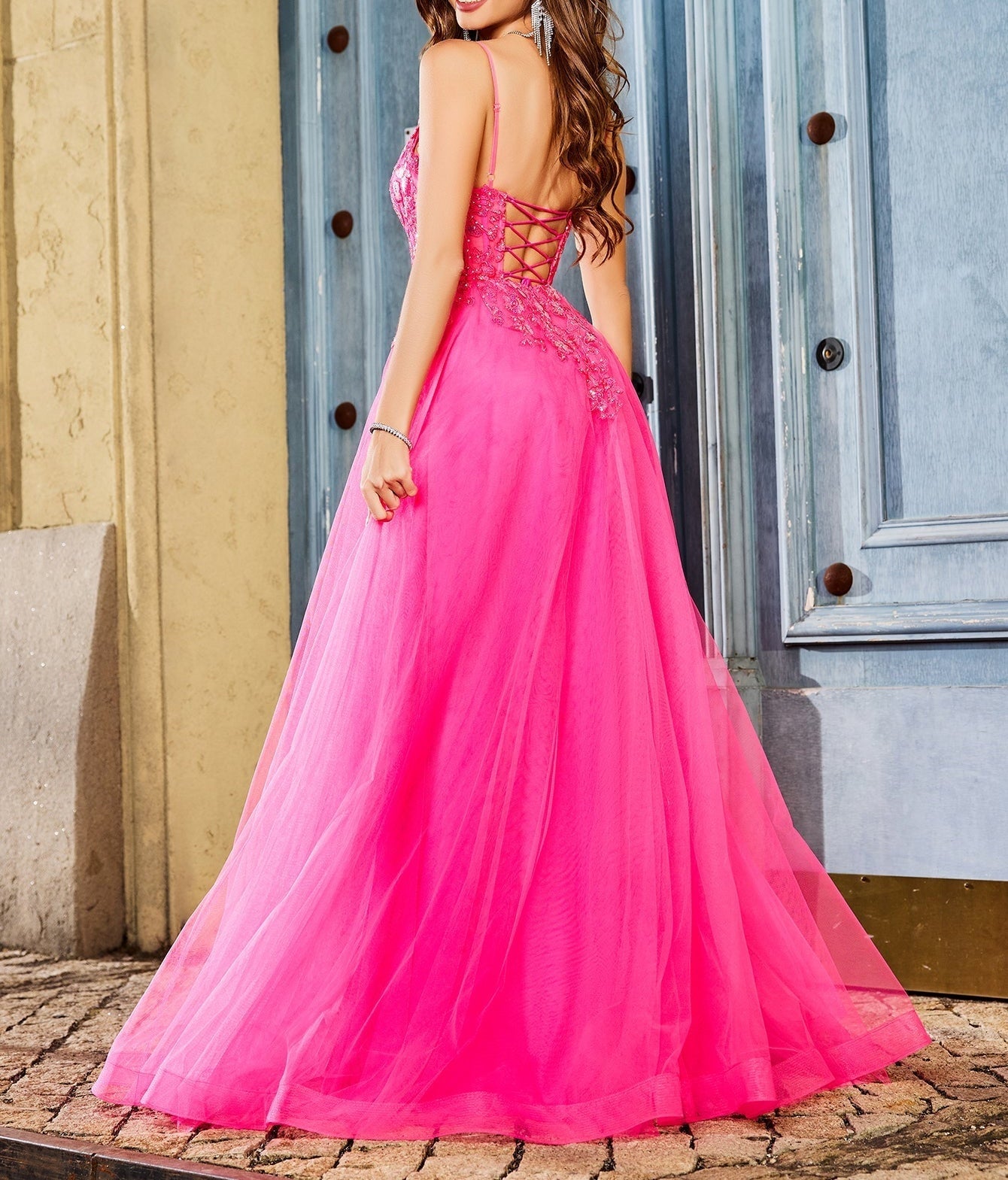 Square Lace Embroidery Ball Gown Prom Dress - Hot Pink