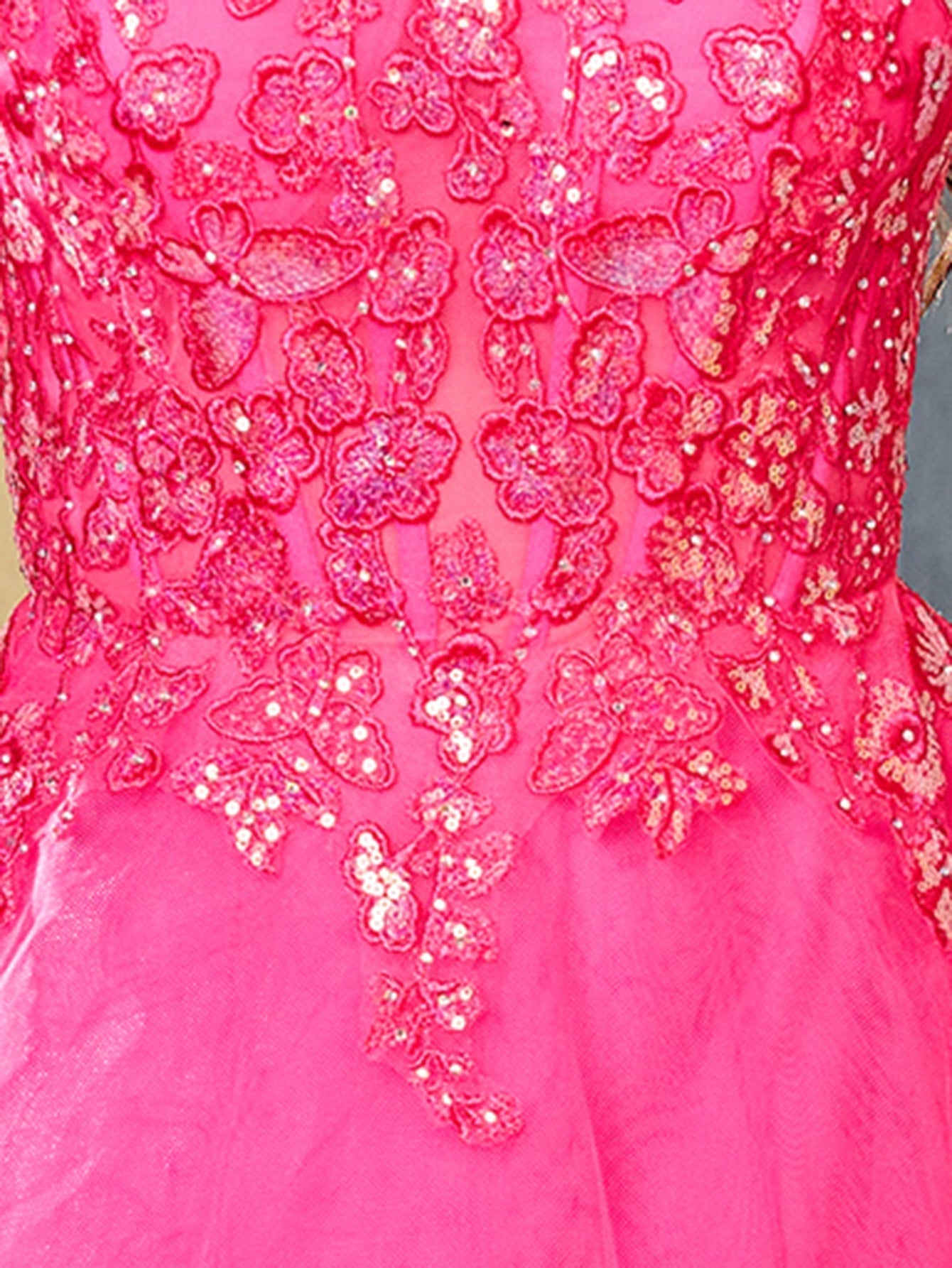 Square Lace Embroidery Ball Gown Prom Dress - Hot Pink
