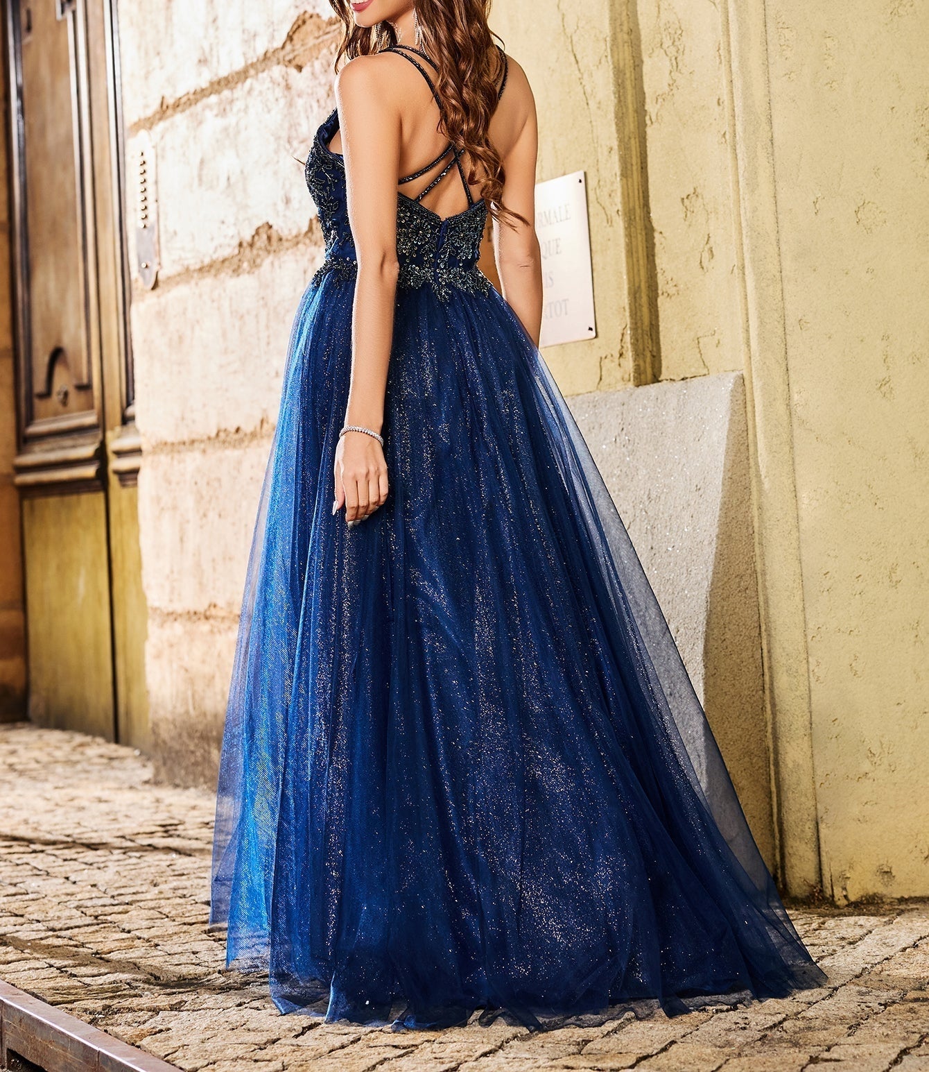 Sparkly Lace Deep V Neck Ball Gown Prom Dress - Navy Blue