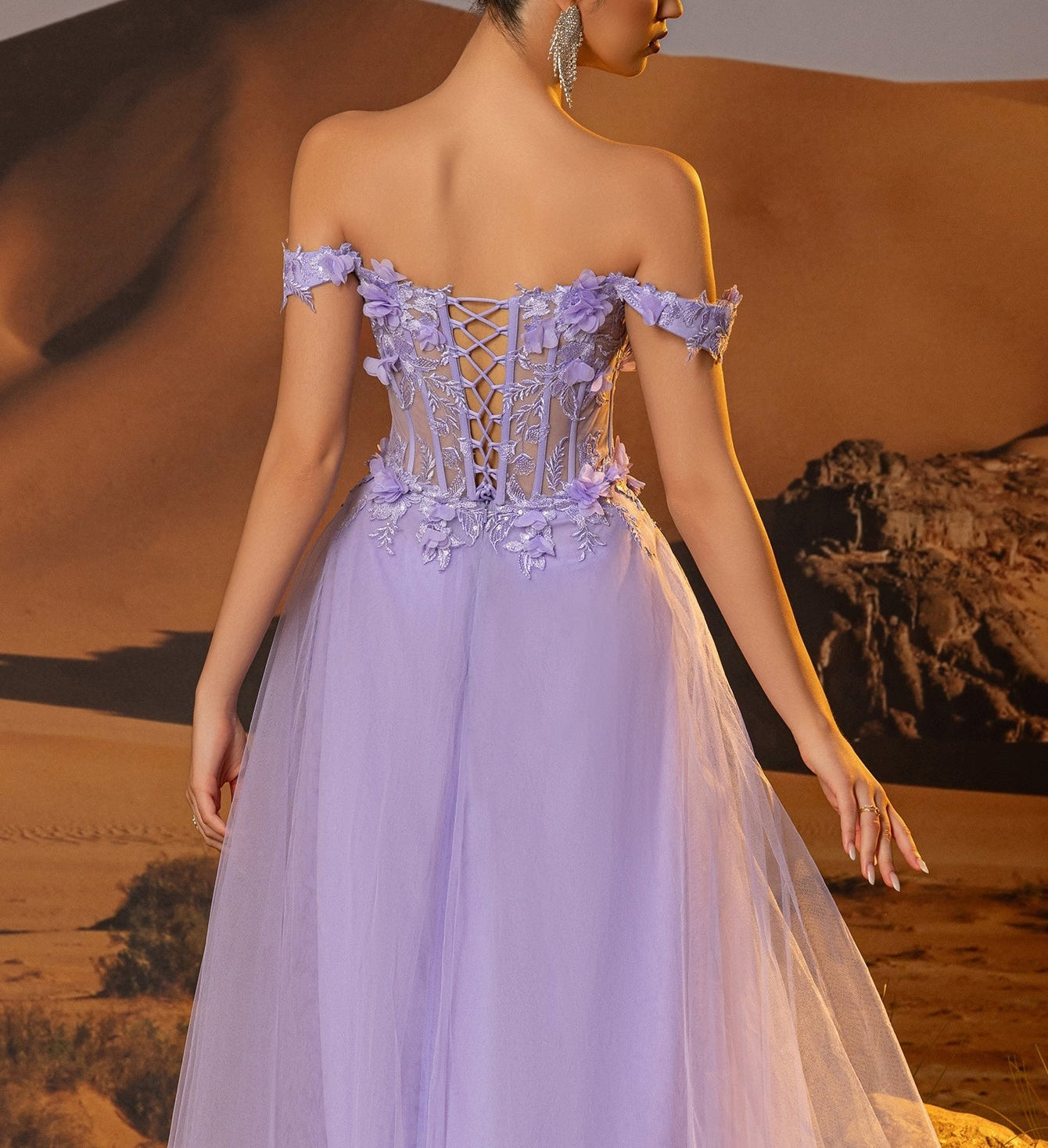 Hand Made Floral Beaded Prom Dress With Split - Lilac