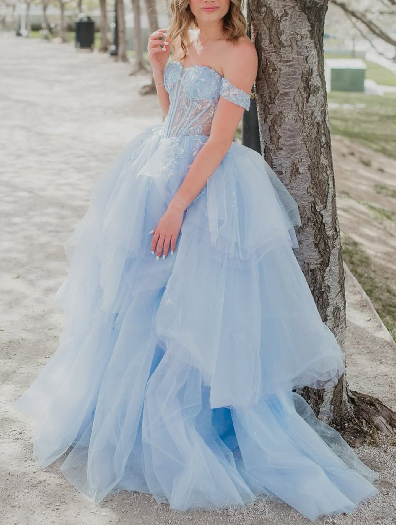 Illusion Bodice Lace Embroidery Ball Gown Prom Dress - Baby Blue