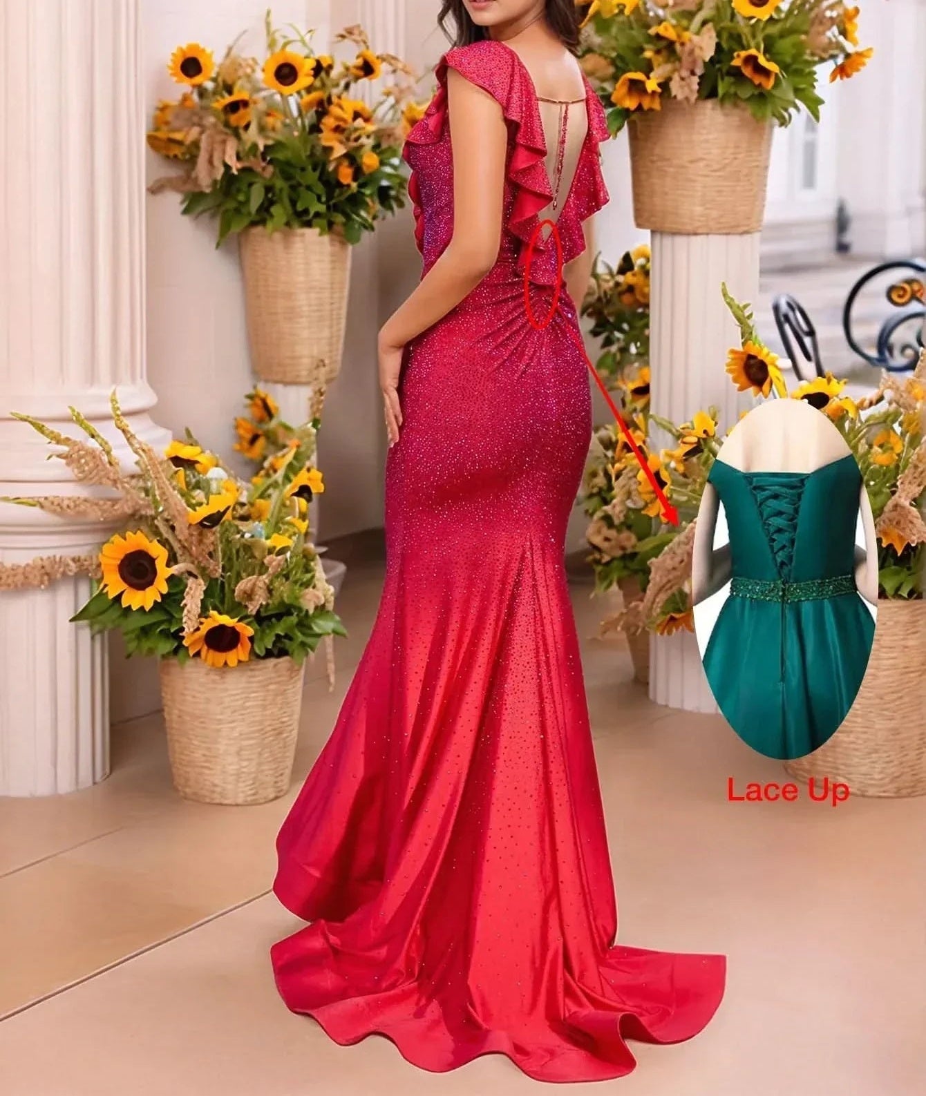 Hot Fix Deep V-Neck Mermaid Prom Dress With Ruffle - Red