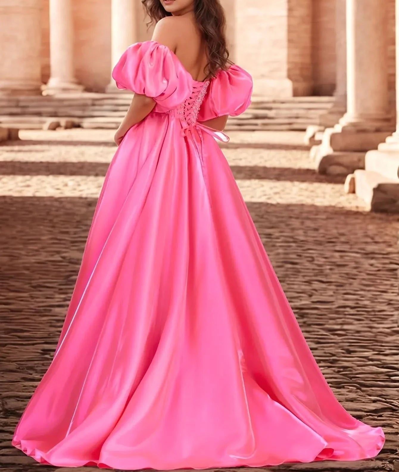 Off Shoulder Puff Sleeve Hot Fix Ball Gown Prom Dress - Hot Pink