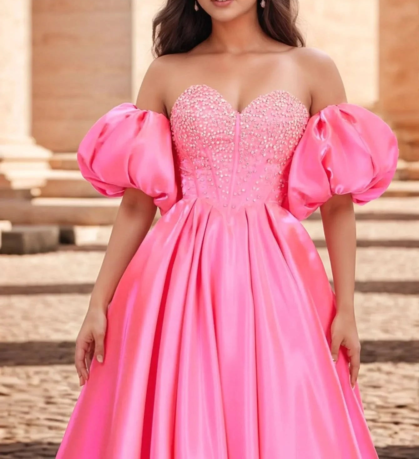 Off Shoulder Puff Sleeve Hot Fix Ball Gown Prom Dress - Hot Pink