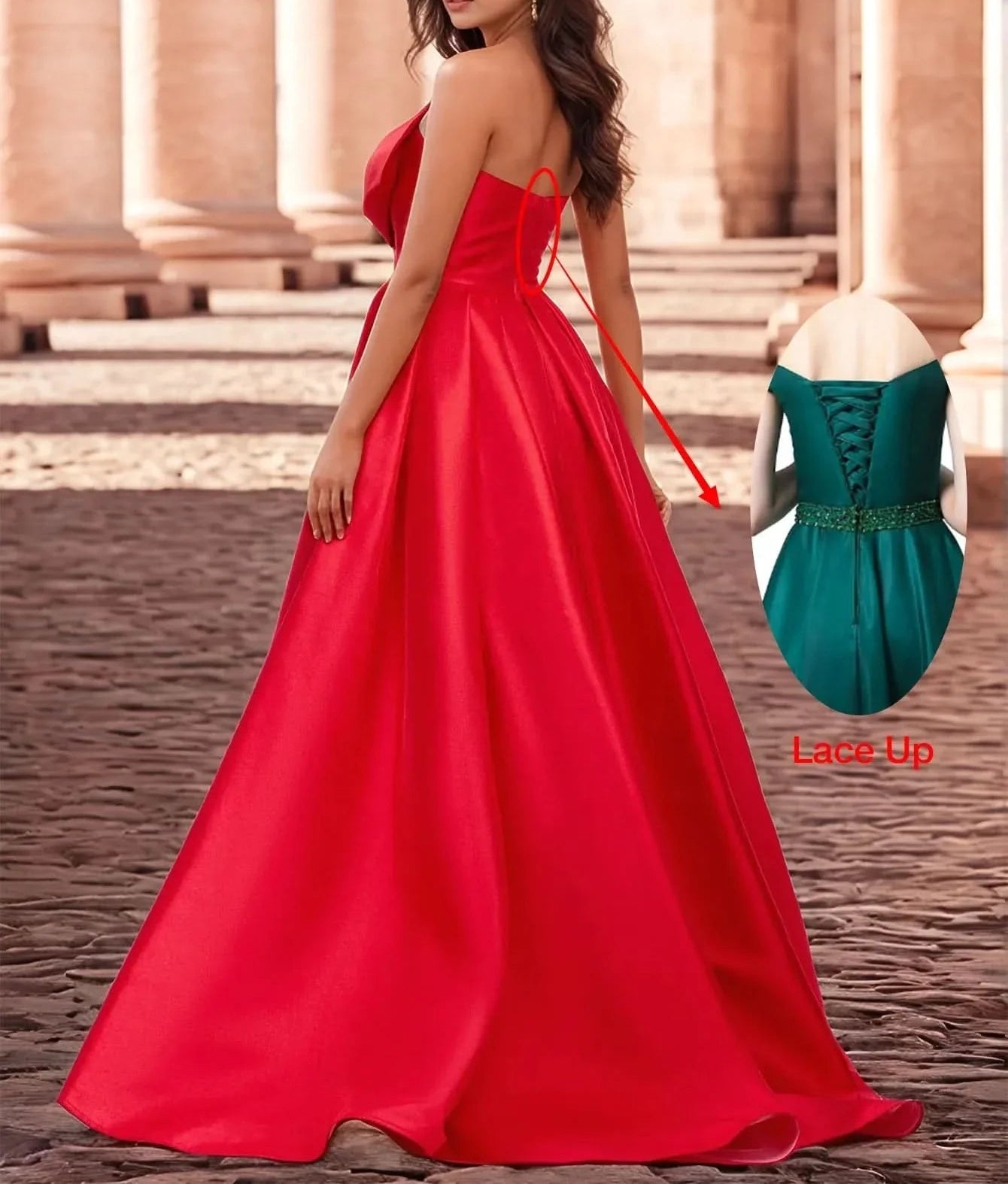 Asymmetrical Neck Big Bow Top Ball Gown Prom Dress With Slit - Red