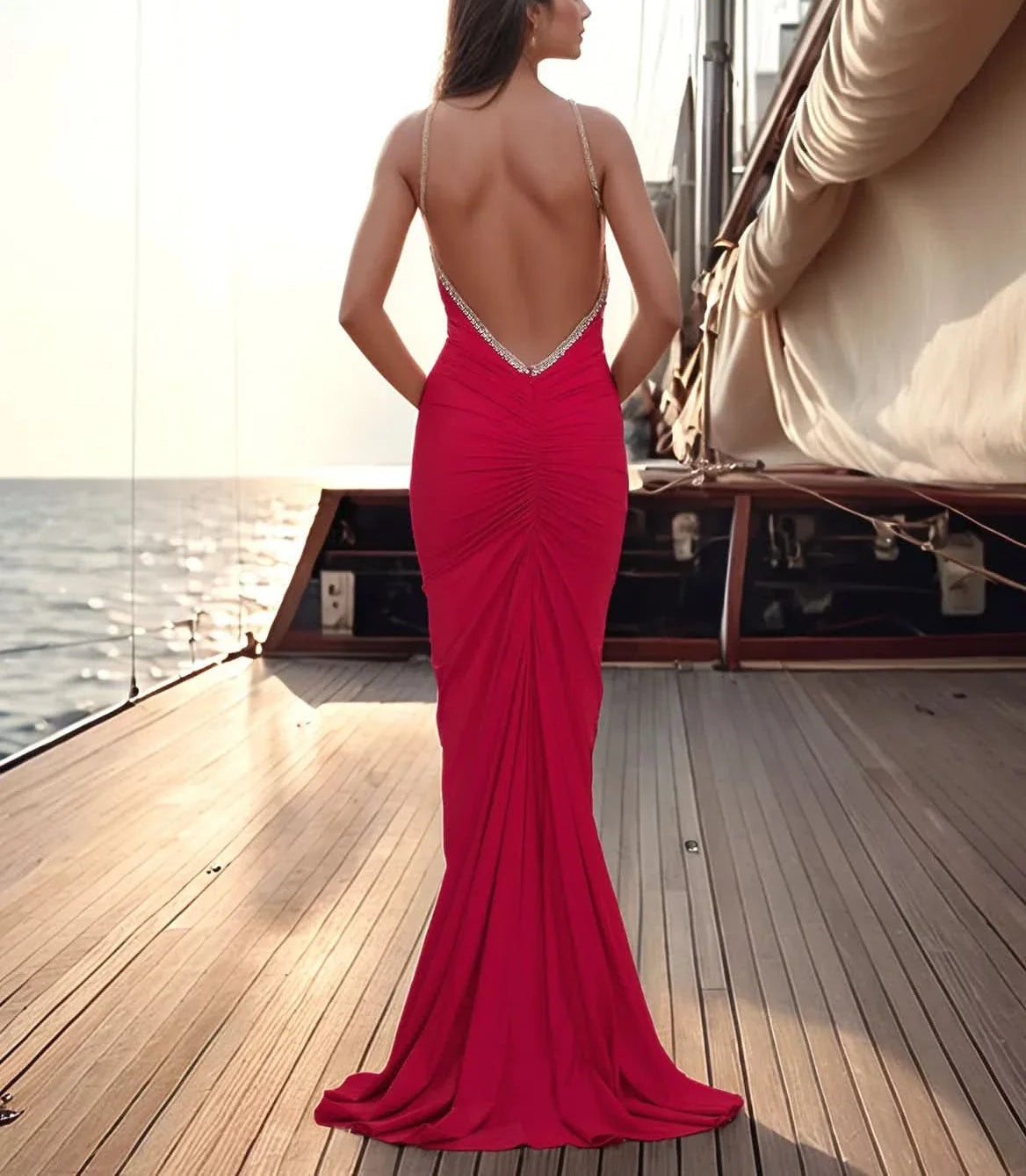 Spaghetti Strap Crystal Satin Mermaid Prom Dress - Red