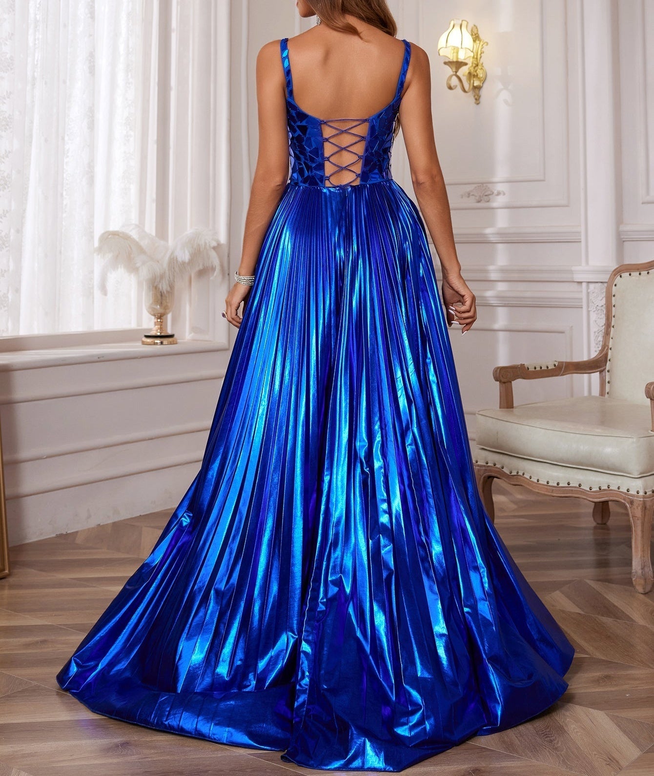 Luxury Metallic Pleats Square A-Line Prom Dress With Slit - Royal Blue