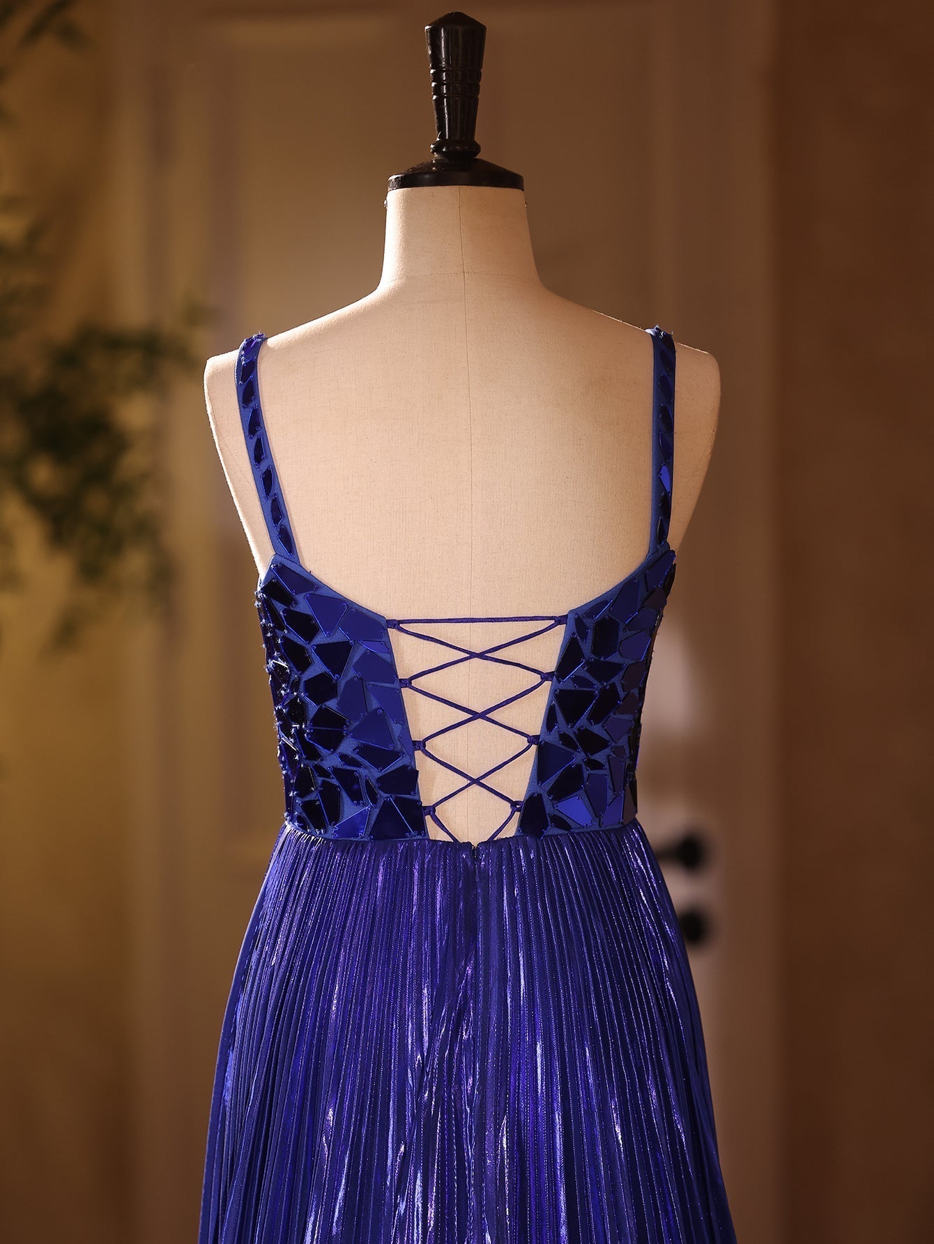 Luxury Metallic Pleats Square A-Line Prom Dress With Slit - Royal Blue