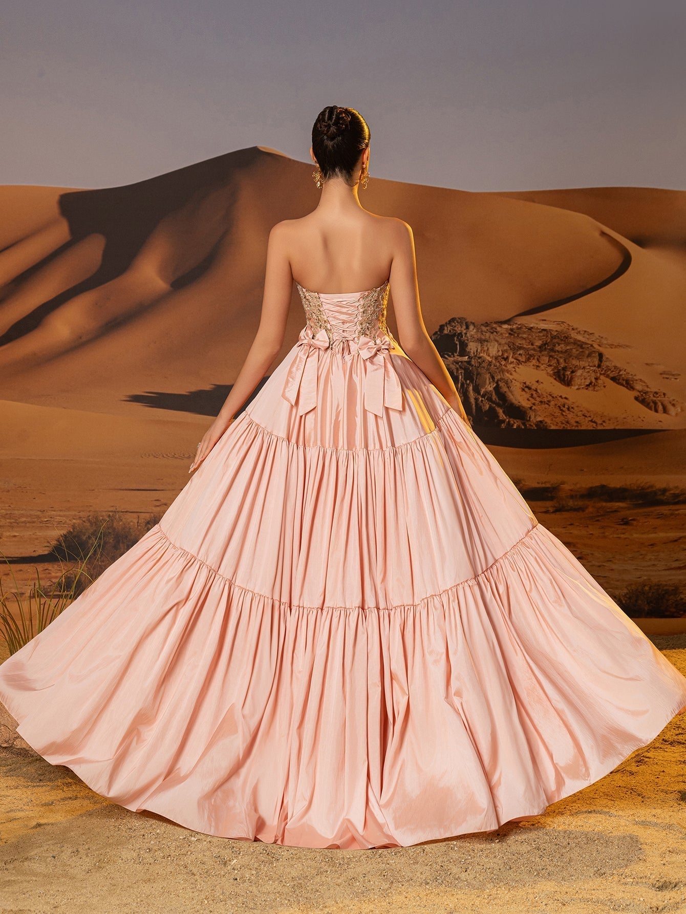 Bow Waist Strapless Lace Embroidery Bodice Ruffle Tiered Prom Dress - Dusty Rose