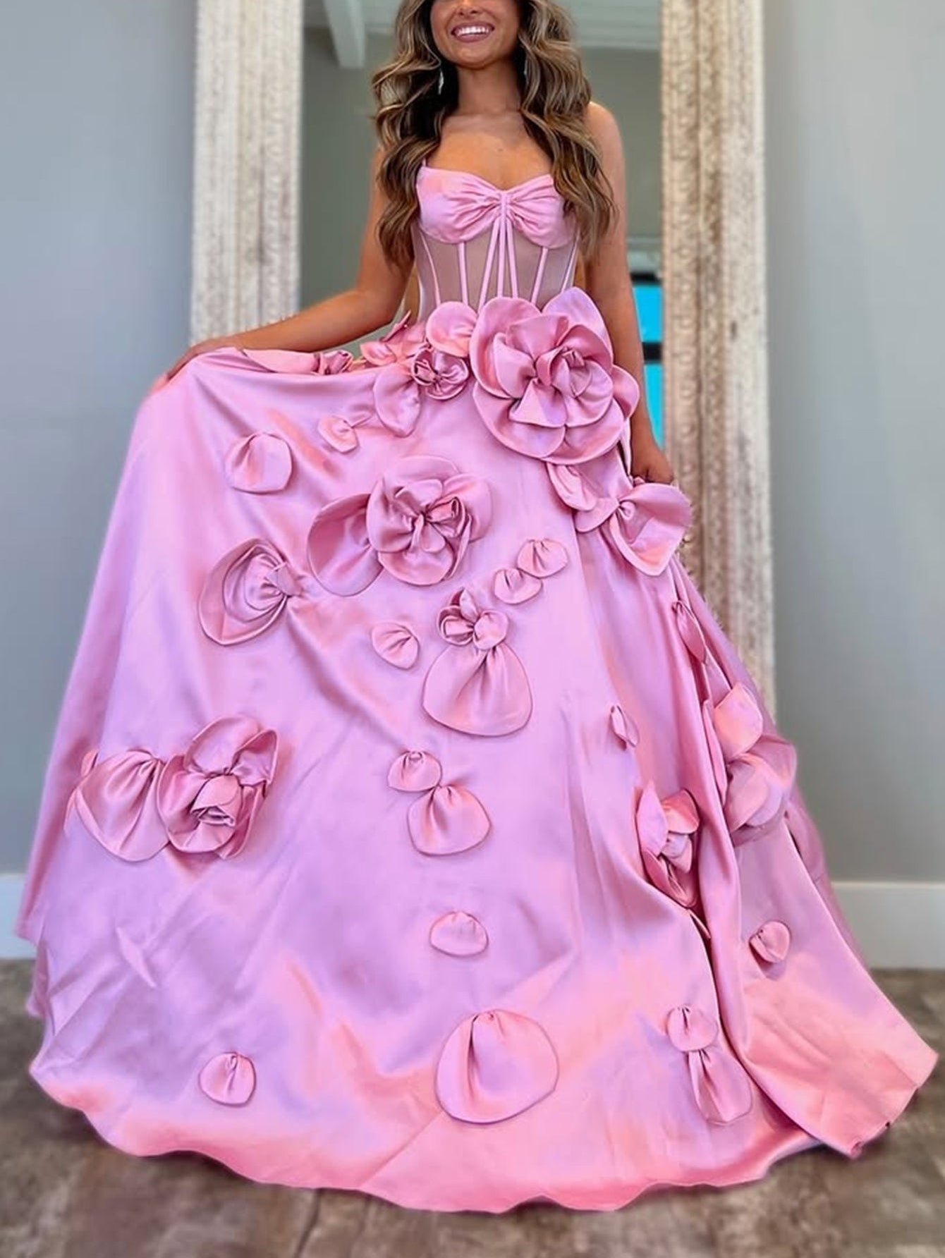 Hand Made Flowers Sheer Bodice Ball Gown Prom Maxi Dress - Blush Pink