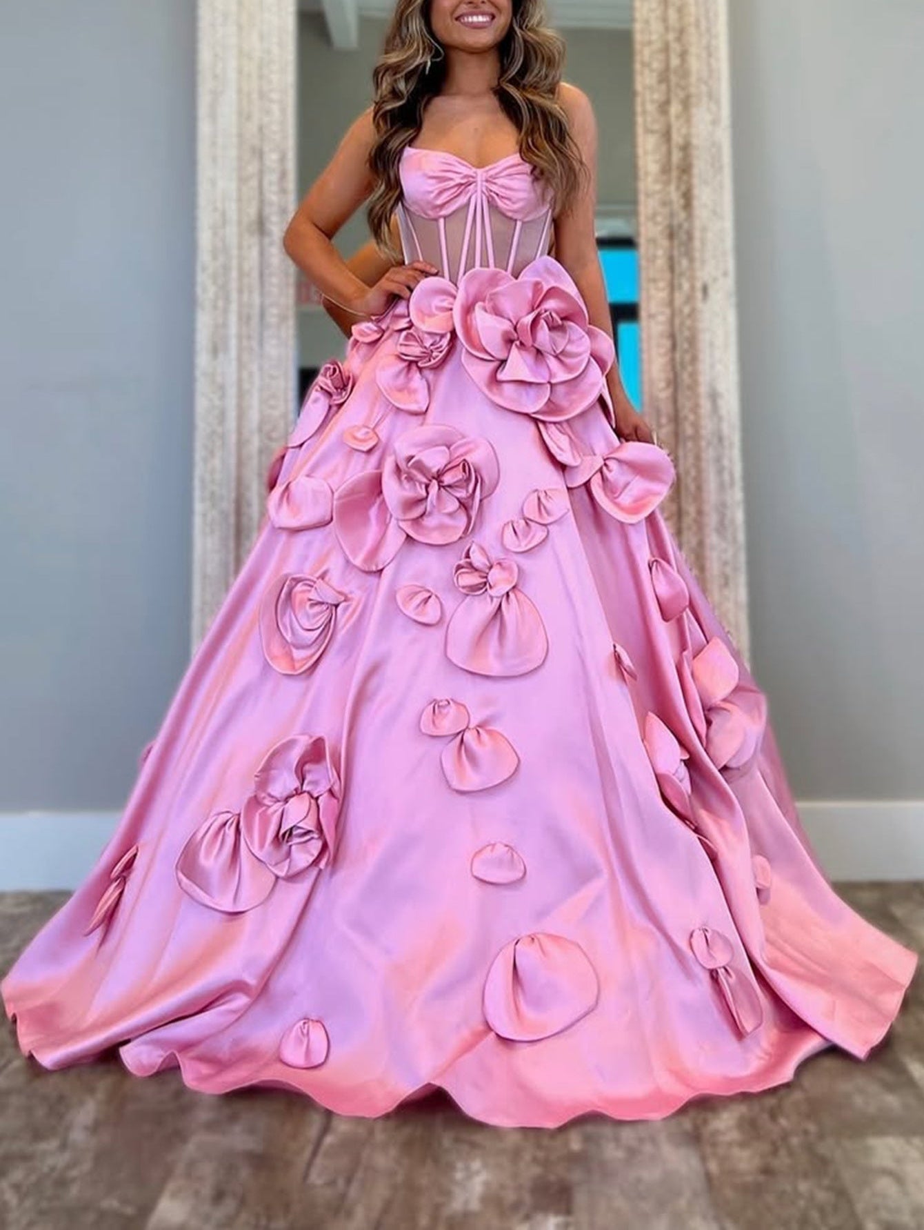 Hand Made Flowers Sheer Bodice Ball Gown Prom Maxi Dress - Blush Pink