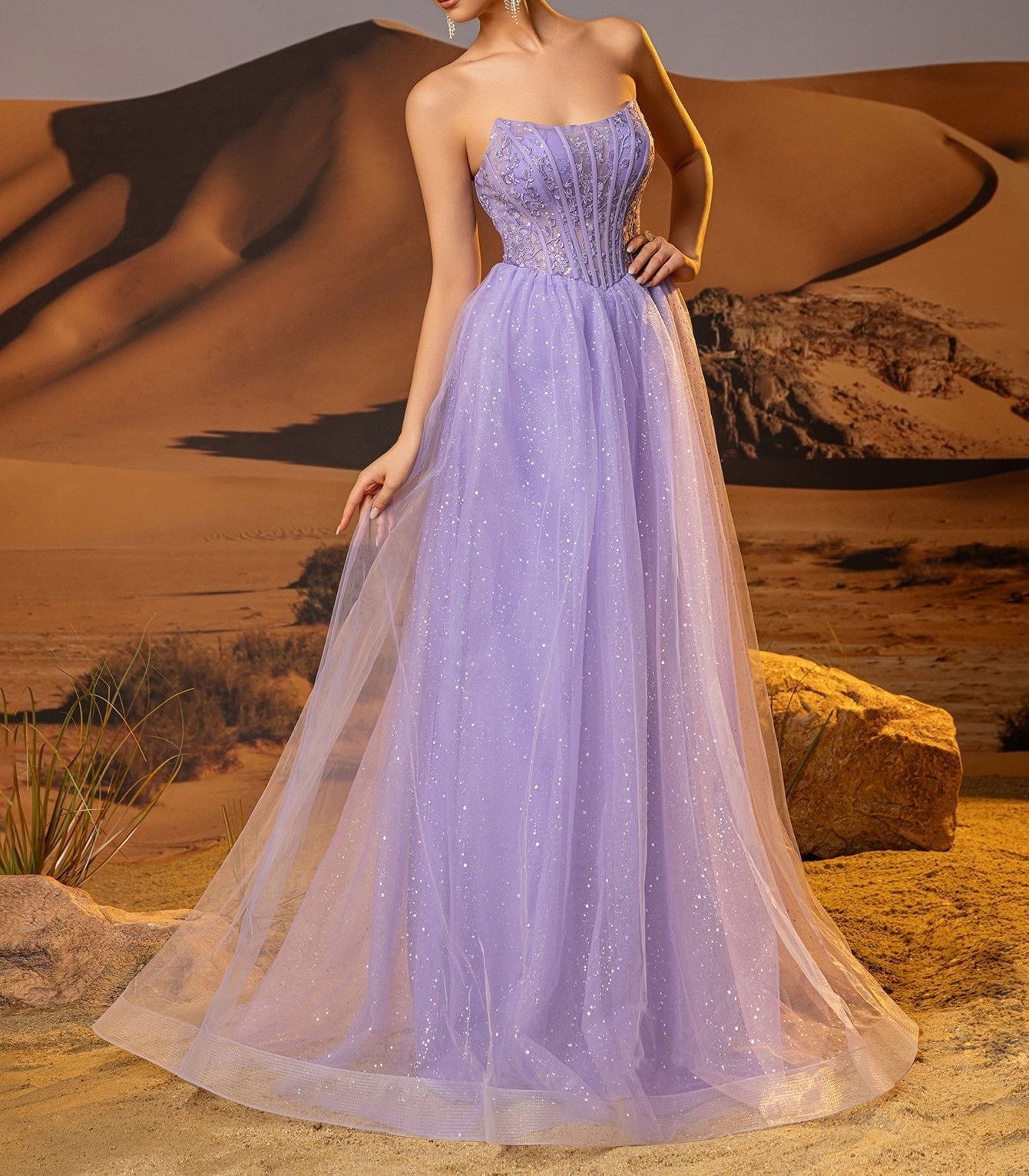 Sparkly Lace Boned Illusion Bodice Prom Dress - Lilac