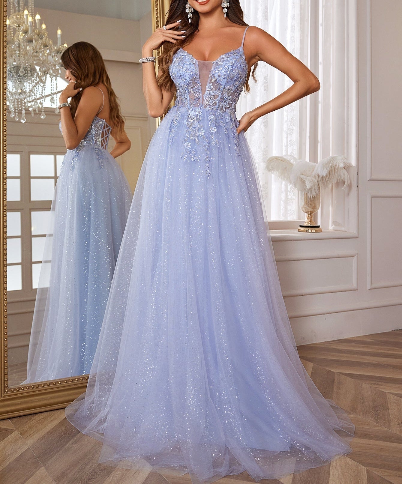 Lace Embroidery Deep V-Neck Boned Illusion Long Prom Dress - Baby Blue