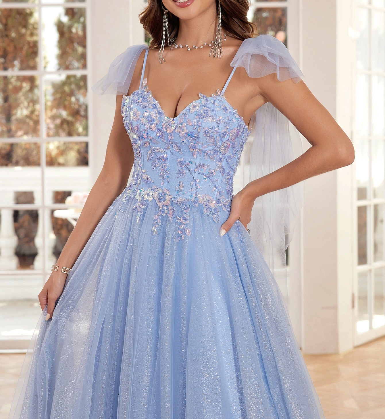 Lace Embroidery A-Line Prom Dress With Bow - Baby Blue