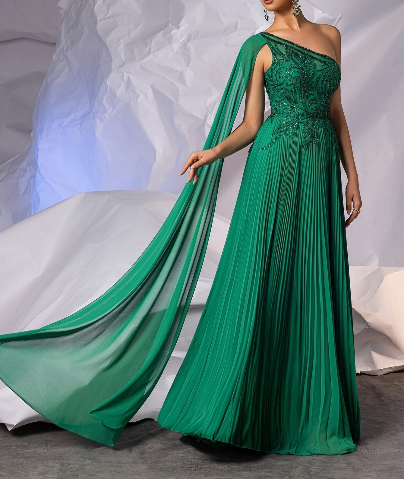 One Shoulder Beaded Pleats Long A-Line Prom Dress With Tulle - Green