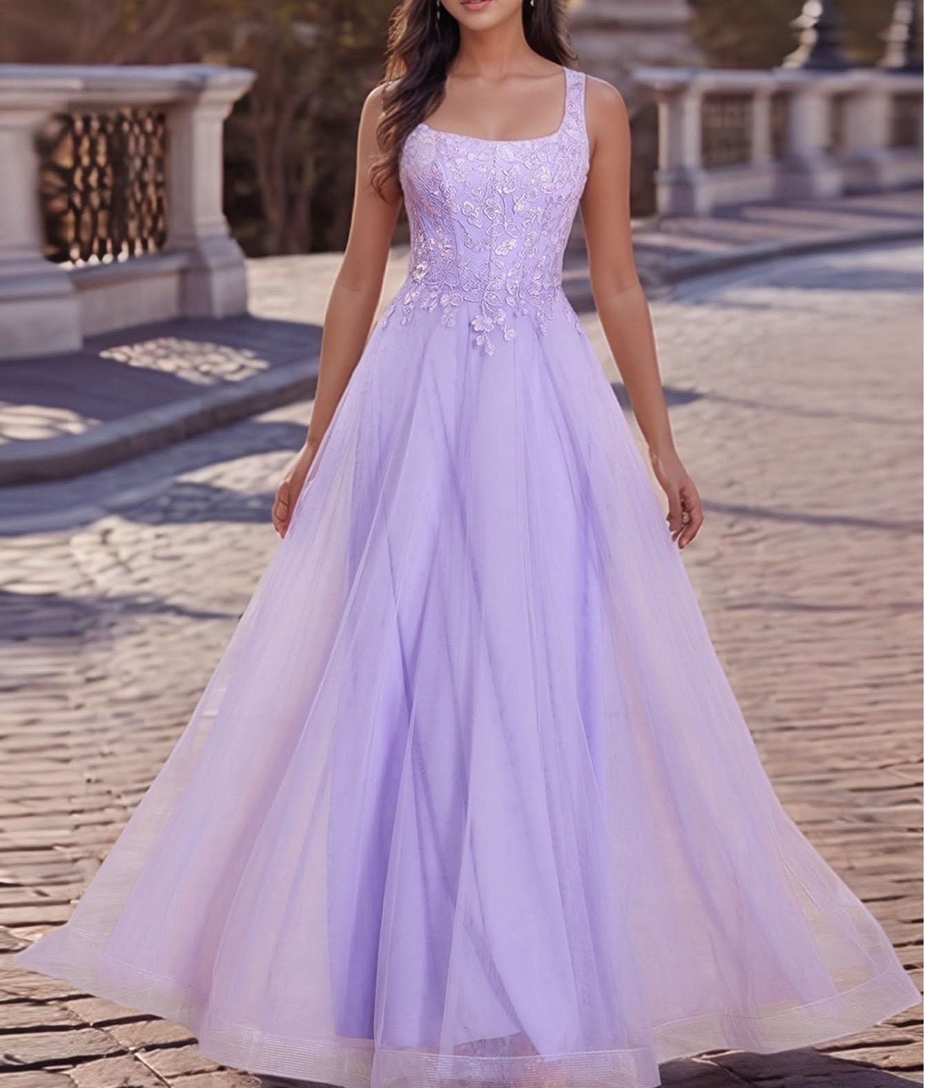 Lace Butterfly Tulle Floor Length A-Line Prom Dress - Lilac