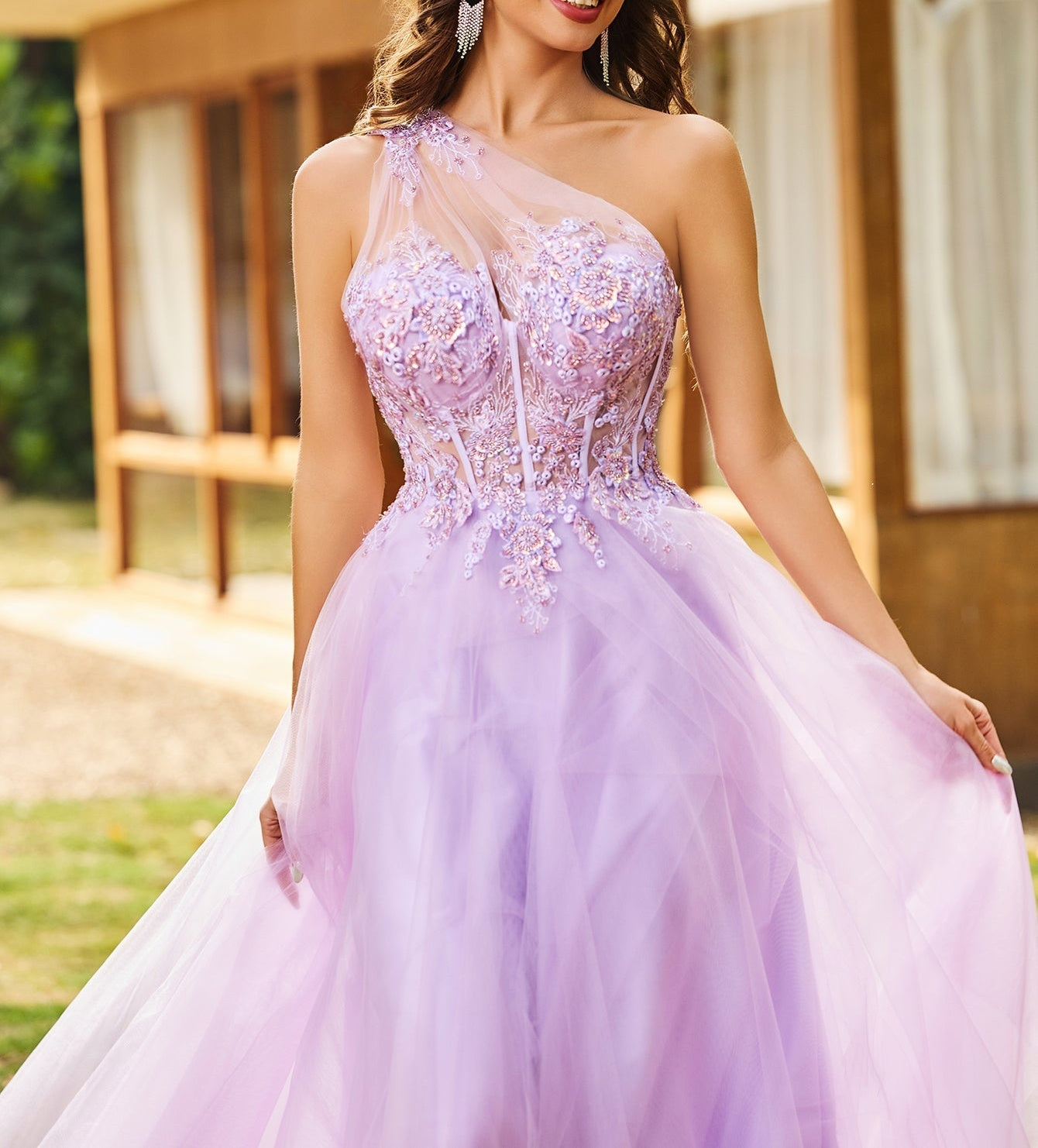 One Shoulder Illusion Bodice Boned Lace Embroidery Ball Gown Prom Dress - Lilac