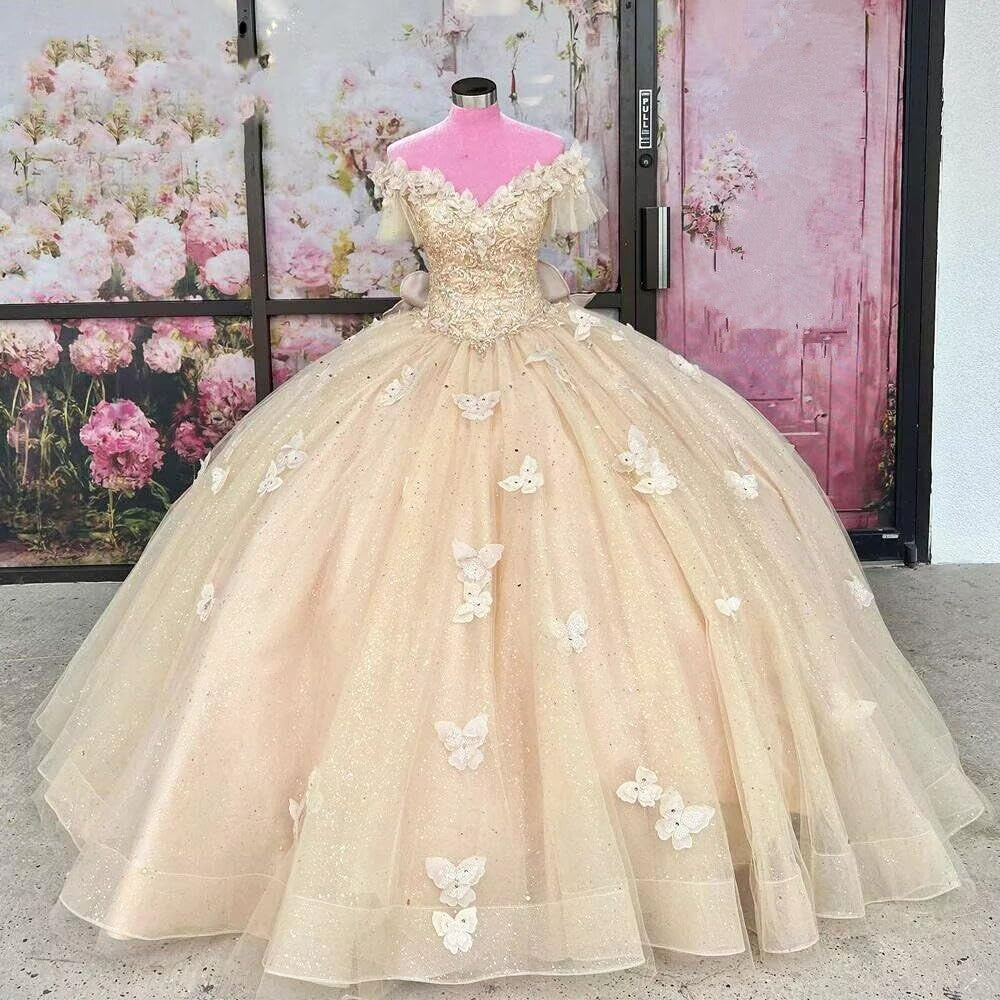 Simple & Casual Ball Gown Off Shoulder 3D Butterfly Lace Appliques Beaded Champagne Tulle Quinceanera Dress for Sweet 16
