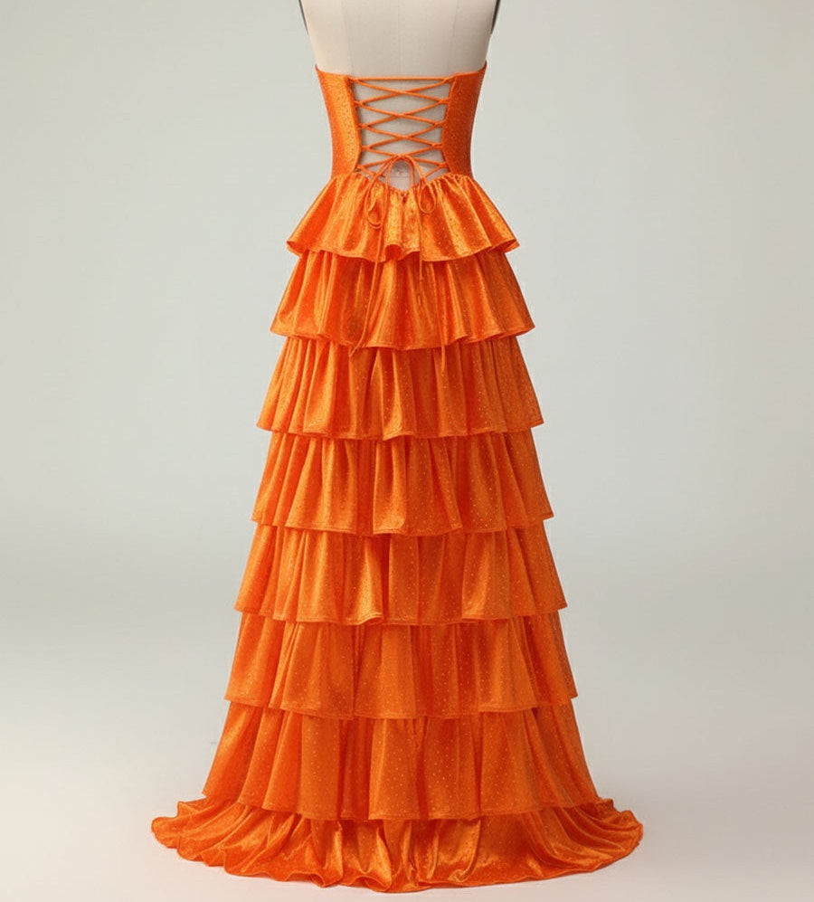 Orange A Line Strapless Sweetheart Satin Prom Dress with Keyhole