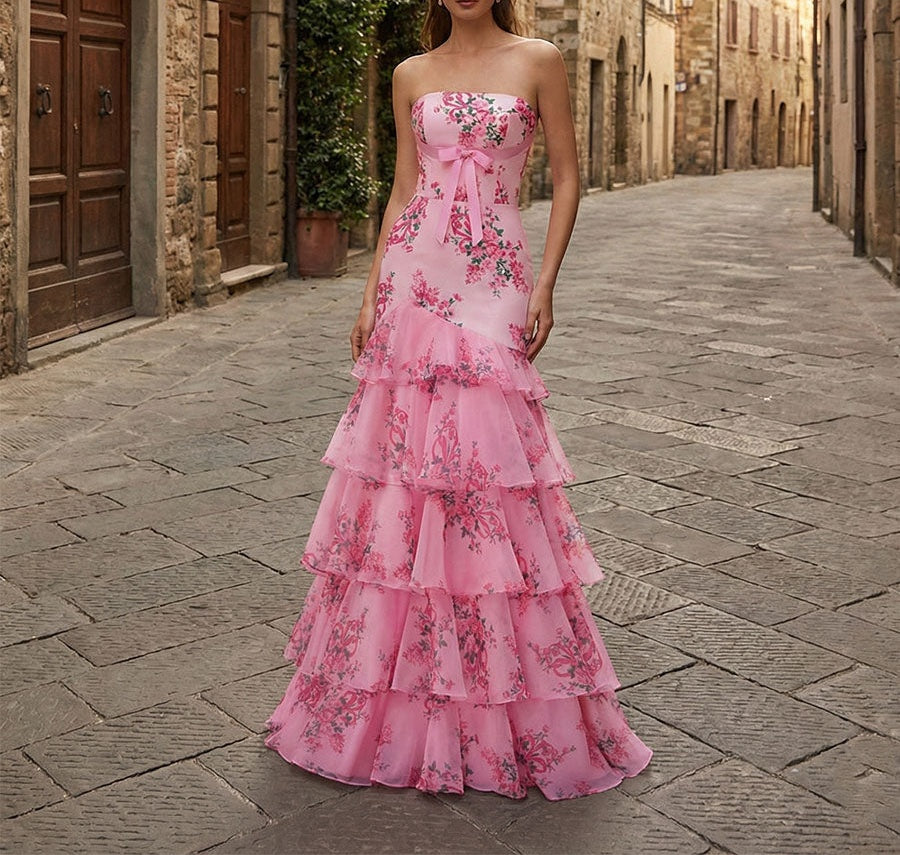 Flower Mermaid Strapless Tiered Print Long Prom Dress with Ruffles