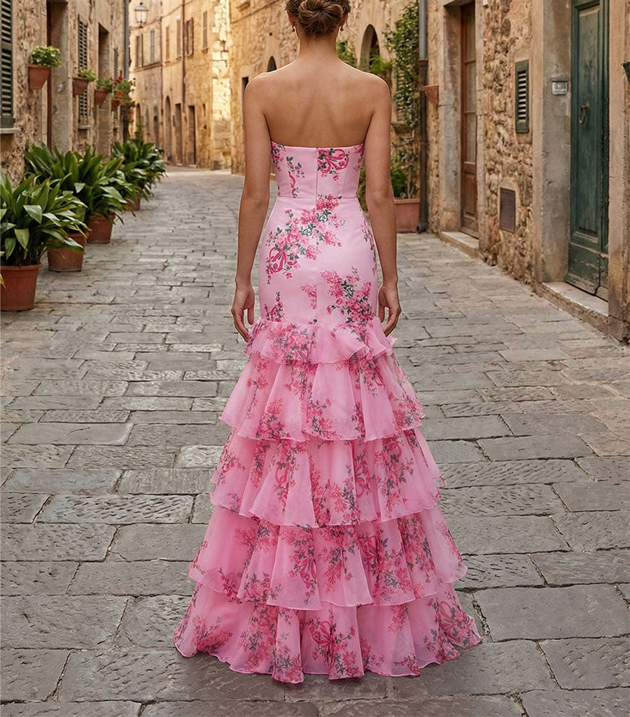 Flower Mermaid Strapless Tiered Print Long Prom Dress with Ruffles