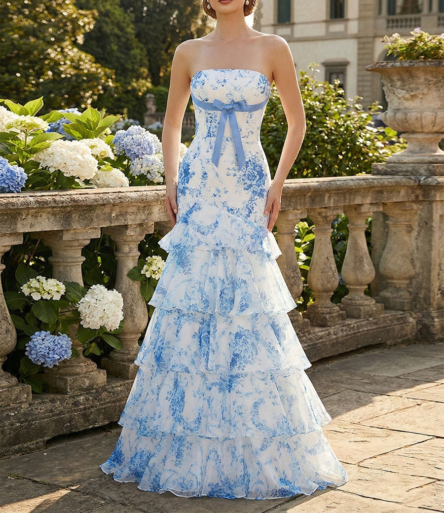 Flower Mermaid Strapless Tiered Print Long Prom Dress with Ruffles
