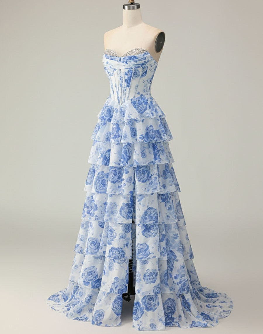 Blue Flower A Line Sweetheart Sequins Tiered Corset Long Prom Dress with Slit