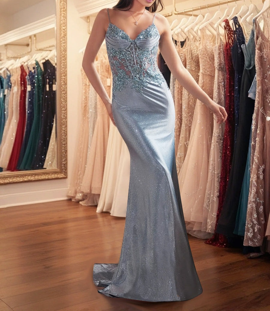 Sparkly Lavender Corset Long Prom Dress with Asymmetrical Appliqués