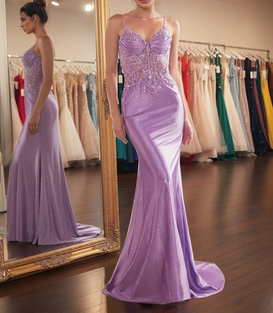 Sparkly Lavender Corset Long Prom Dress with Asymmetrical Appliqués