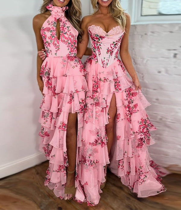Pink A-Line Strapless Sweetheart Print Tiered Tulle Long Prom Dress with Slit