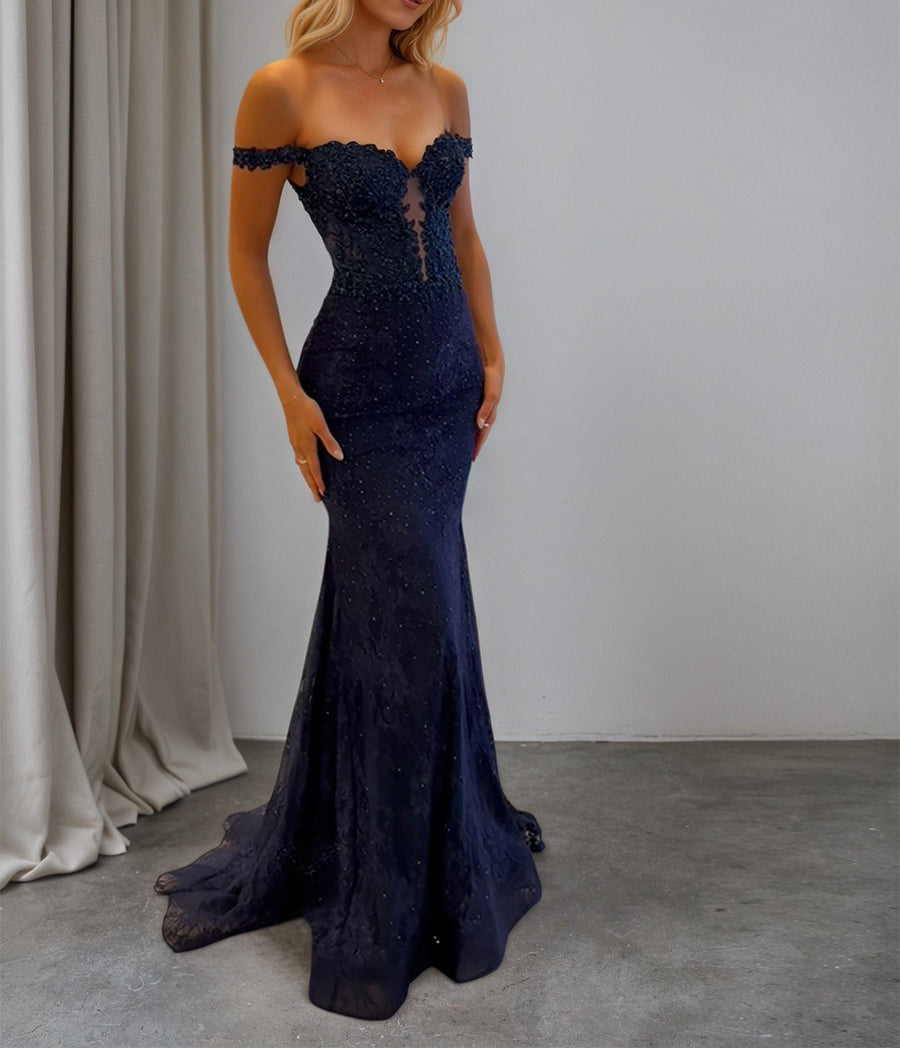Sparkly Off the Shoulder Mermaid Corset Long Prom Dress