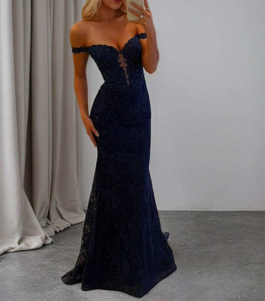 Sparkly Off the Shoulder Mermaid Corset Long Prom Dress