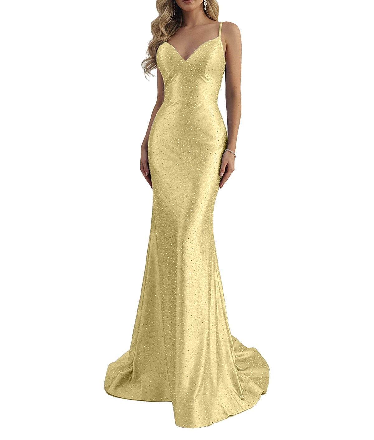 Blue Mermaid Spaghetti Straps V-Neck Rhinestone Long Prom Dress