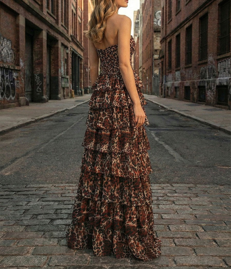 Leopard Print Strapless A-Line Tiered Ruffles Prom Dress with Lace Trim