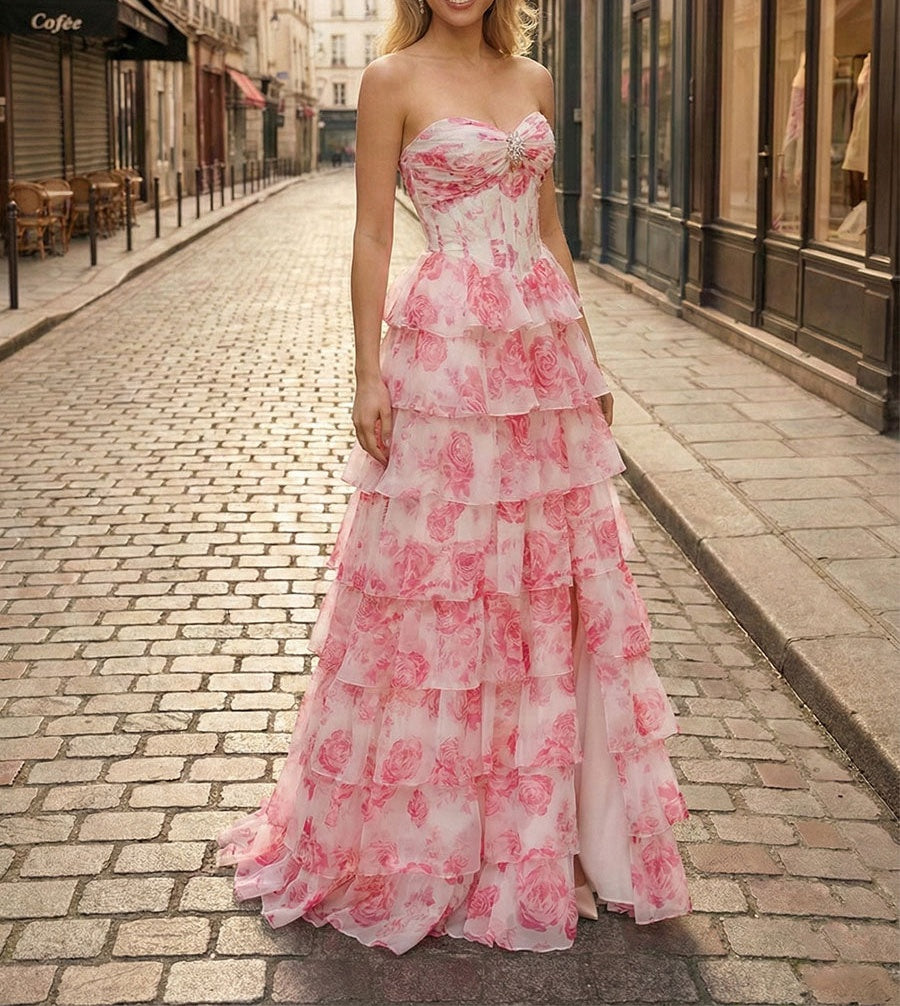 Blue Floral Strapless Tiered Ruffle Corset Long Prom Dress with Slit