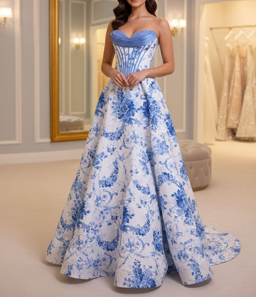 Blue Floral Brocade Contrast Corset Textured Neckline Prom Dress