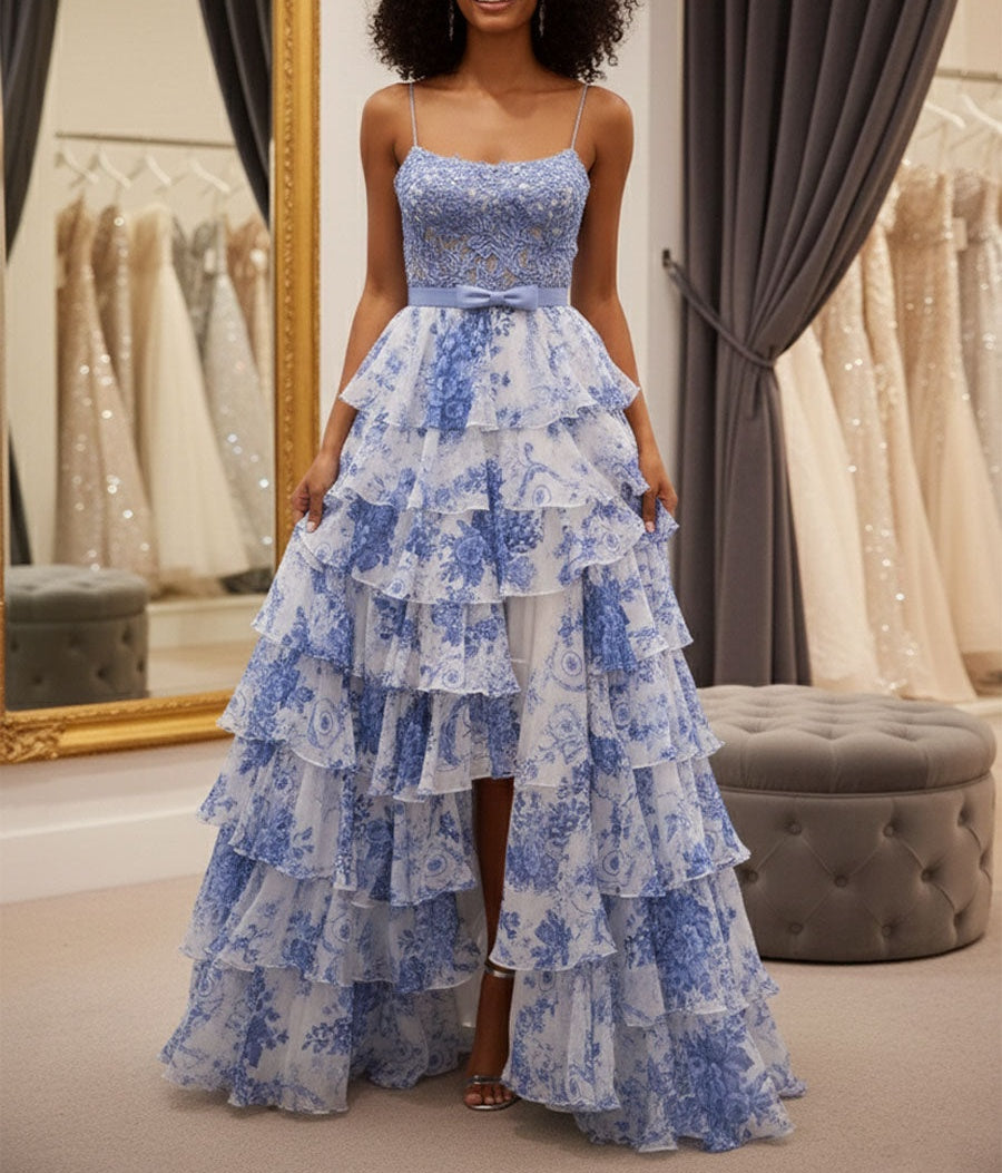 Blue Floral Tiered Ruffles High-Low Prom Dress with Beaded Bodice