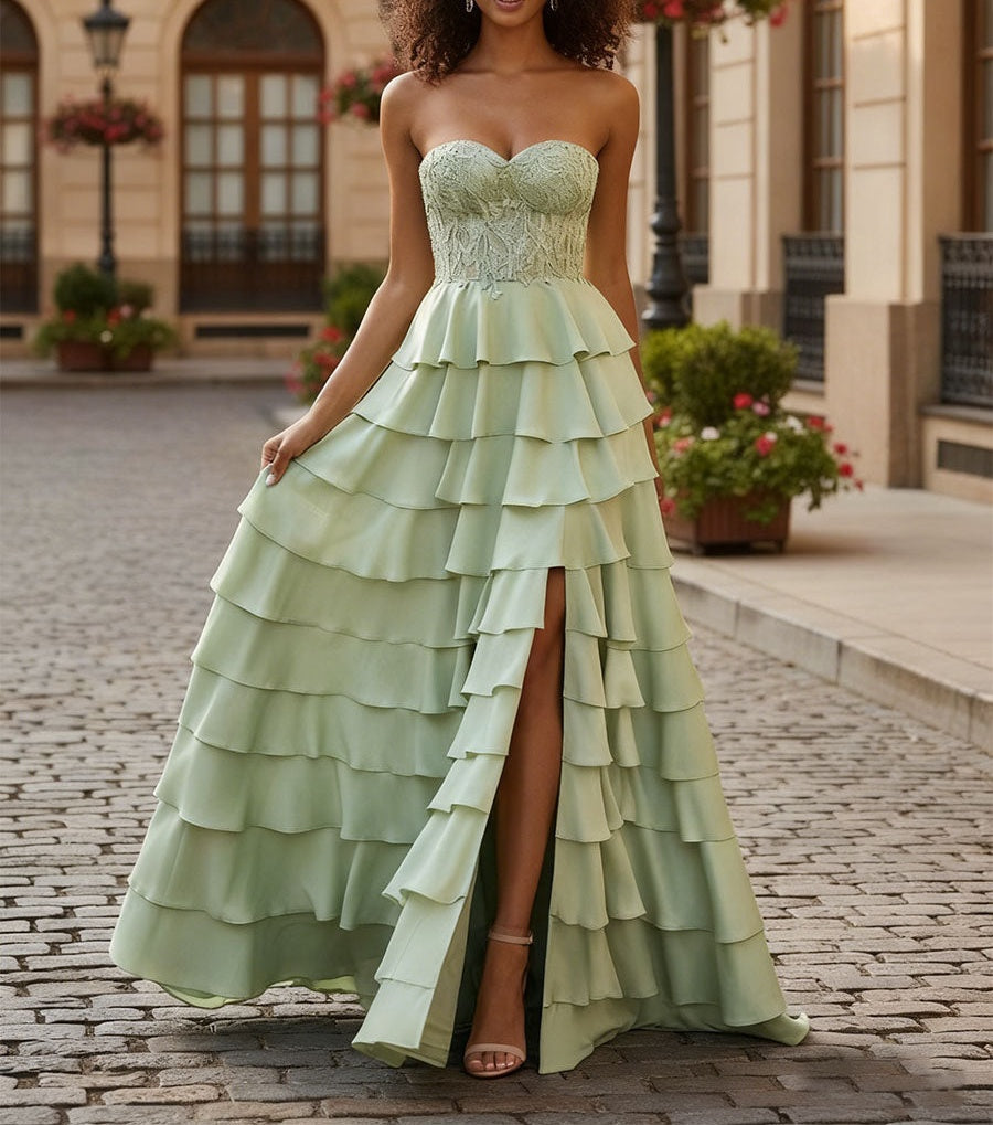 Sage Green Strapless Tiered Ruffle Prom Dress with Floral Lace Bodice