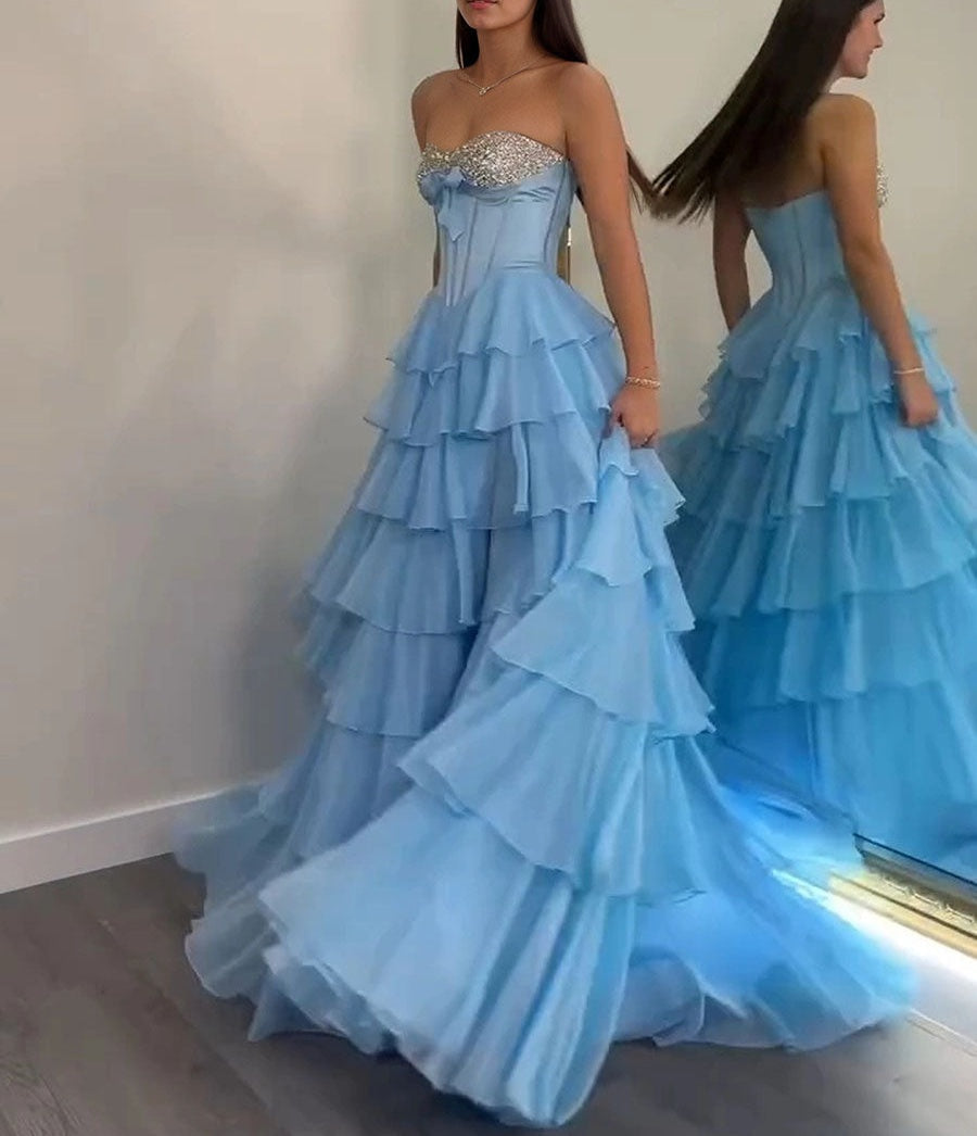 A Line Sweetheart Tiered Chiffon Long Prom Dress with Beading