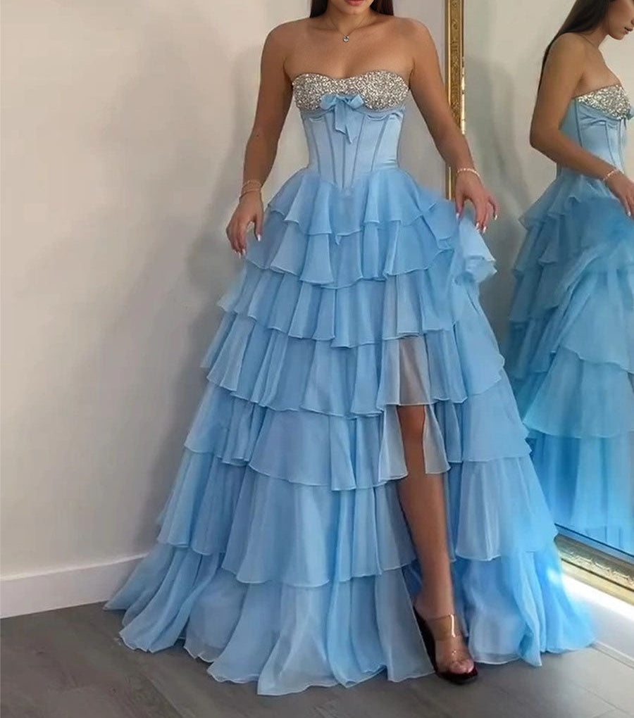 A Line Sweetheart Tiered Chiffon Long Prom Dress with Beading