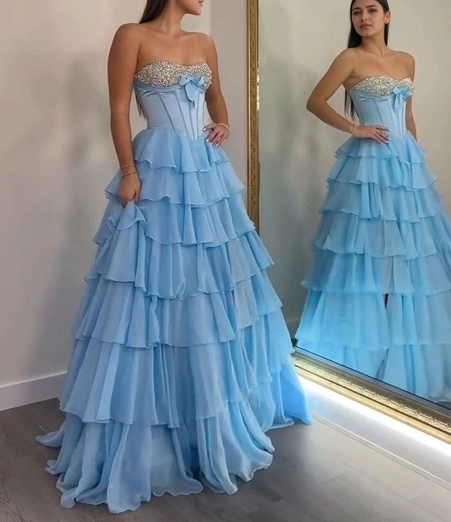 A Line Sweetheart Tiered Chiffon Long Prom Dress with Beading