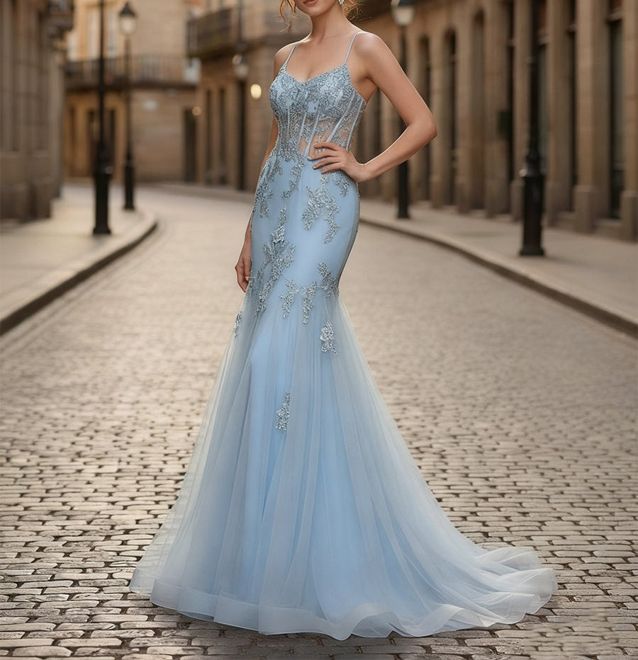 Spaghetti Straps Appliques Lace Tulle Corset Long Prom Dress