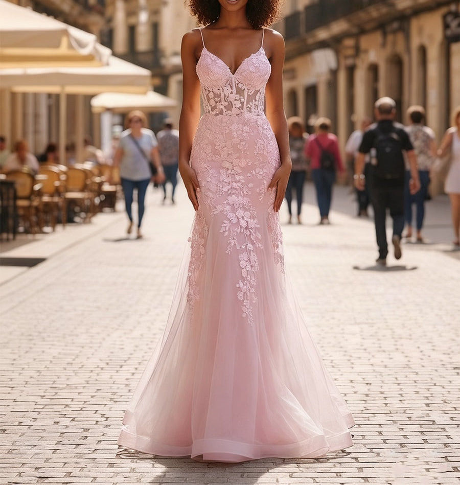 Glitter Sequins Mermaid V Neck Tulle Prom Dress with Appliqued