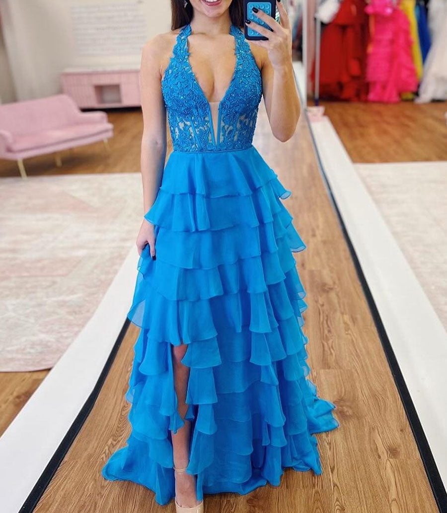 Halter Lace Appliques Chiffon Ruffle Prom Dress with Slit