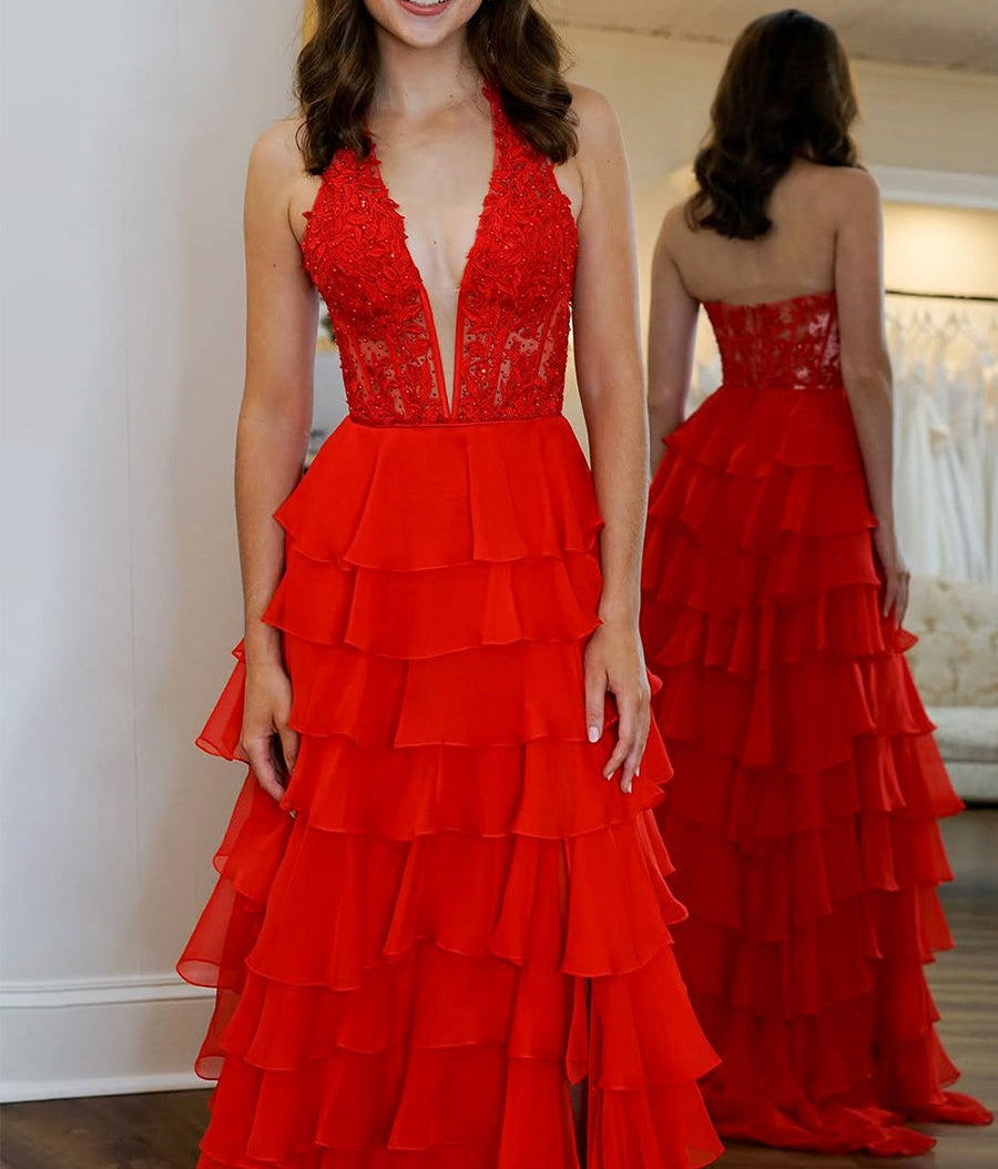 Halter Lace Appliques Chiffon Ruffle Prom Dress with Slit