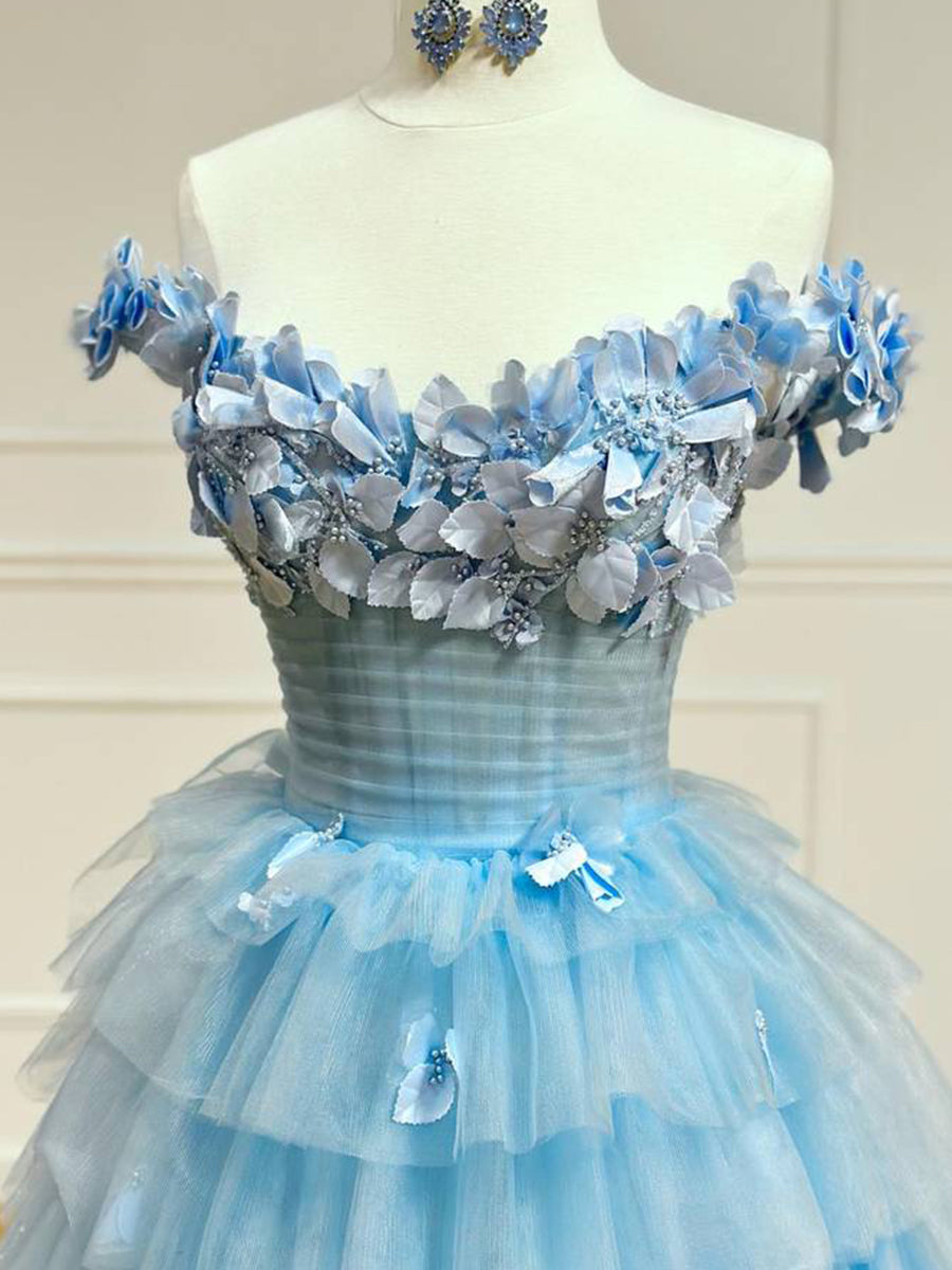 3D Floral Lace Off-the-Shoulder Ruffle Tiered Prom Dress